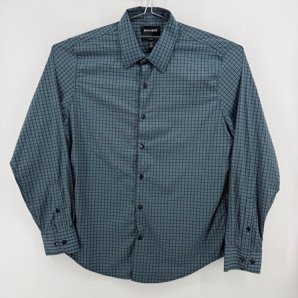 Bonobos Button Down Shirt Mens XL Slim Fit Stretch Nylon Green Navy Grid